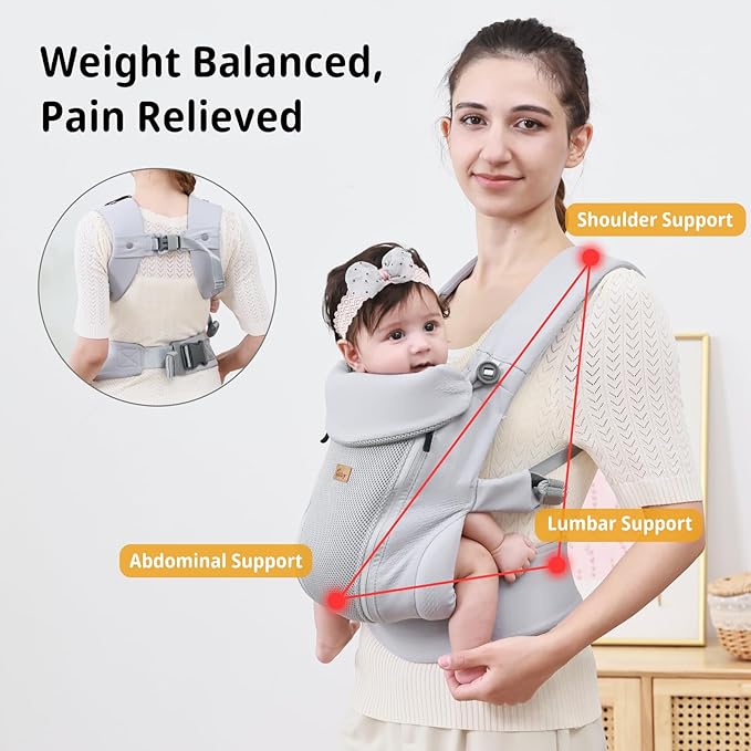 CUBY Newborn Baby Carrier with Head Support and Sunshield, Breathable & Adjustable Newborn Toddler Front Baby Carriers, Hands-Free Newborn Carrier up to 40lbs(Light Gray, Upgraded-with Waist Belt)