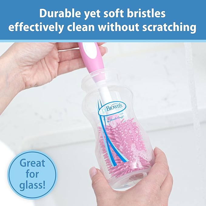 Dr. Brown's Soft Touch No Scratch Baby Bottle Cleaning Brush Nipple Cleaner with Stand and Storage Clip, BPA Free, Pink 4-Pack