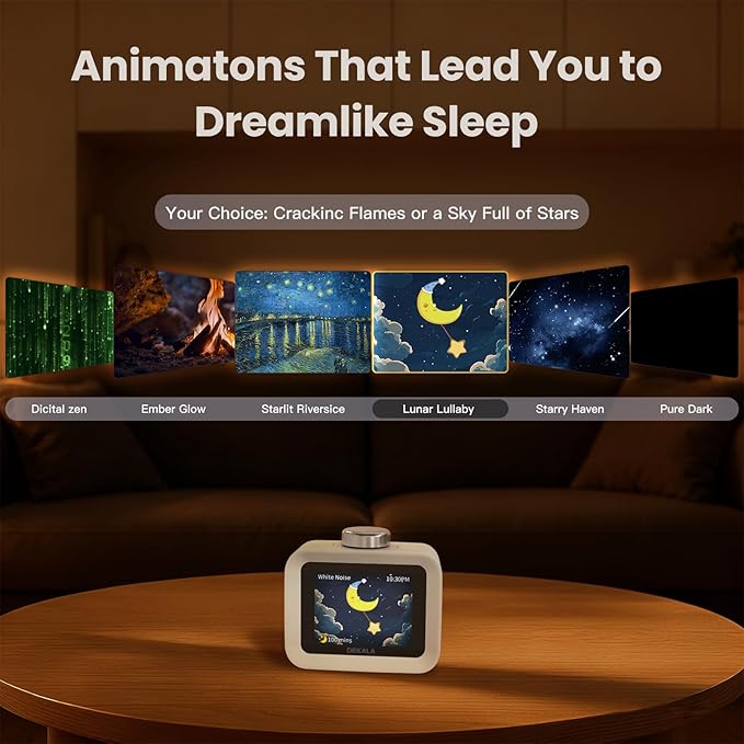 Dekala AuraDot White Noise Sound Machine for Sleep Temperature Humidity Monitor, 30 Non-Loop Soothing Sounds, Timer/Play All Night, Animationed Sleep Screen, 7-Day Programmable 4 Alarm Clock