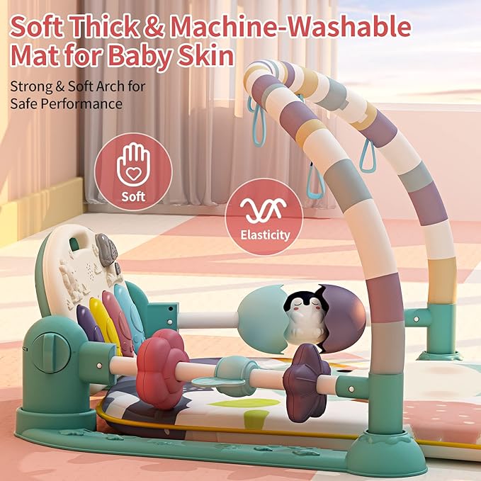 Baby Gym With Kick and Play Piano, Activity Mat for Tummy Time With 5 Infant Learning Sensory, Music and Lights for Newborn Boy or Girl (Green)