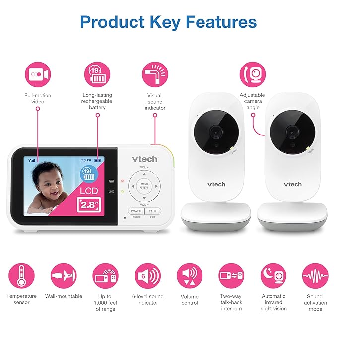 VTech VM819-2 Baby Monitor, 2.8” Screen, 2 Cameras, 1000ft Range, Night Vision, 2-Way Audio, Temperature Sensor, Lullabies, Secured Transmission No WiFi