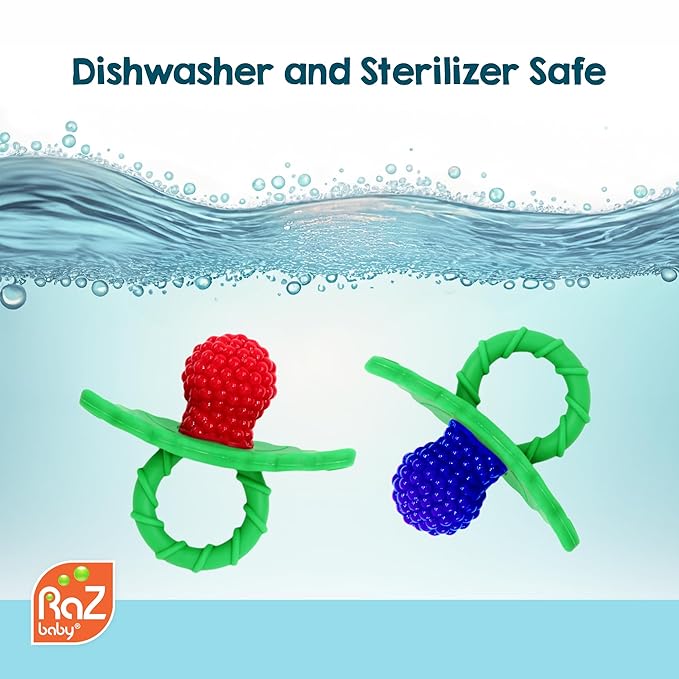 RaZbaby RaZberry Silicone Teether Pacifier – Teething Relief for Infants, Food-Grade, Hands & BPA Free, Natural Berrybumps Fruit Texture for Sensory Development, Freezable, 2-Pack - Dark & Light Blue