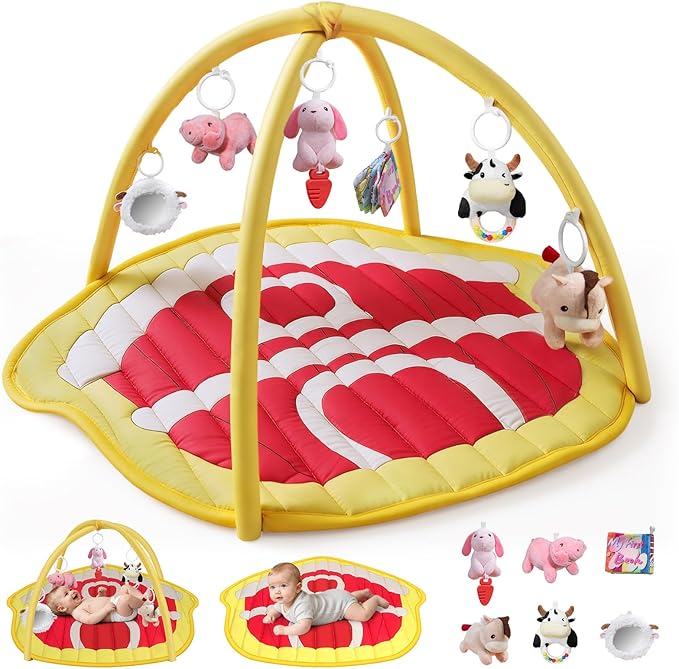 IPOZITO Baby Play Mat with Hanging Rattles, Baby Activity Mat for Sensory Development, Baby Tummy Time Play Mat to Improve Motor Skills and Visual Tracking