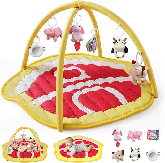 IPOZITO Baby Play Mat with Hanging Rattles, Baby Activity Mat for Sensory Development, Baby Tummy Time Play Mat to Improve Motor Skills and Visual Tracking