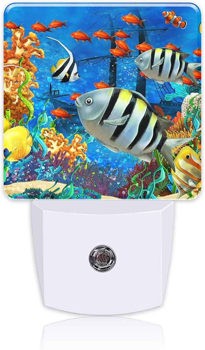 Cartoon Colorful Underwater World Night Light Plug into Wall with Dusk to Dawn Sensor Cute Nightlight for Kid Girls Boys Women Men Room Decor, Hallway, Kitchen, Bathroom, Nursery, Stairs