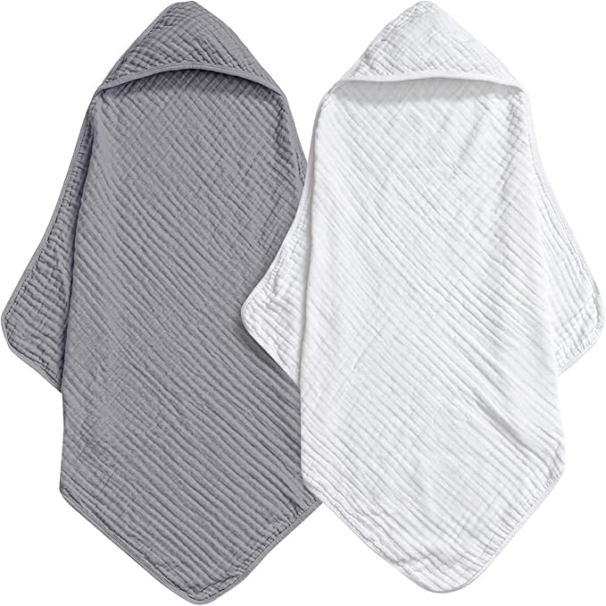 david's kids 2 Pack Hooded Baby Towels, 100% Muslin Cotton 6-Layer Ultra Soft Breathable Absorbent Baby Bath Towels for Infant and Toddler, Newborn Essentials, Large 32x32Inch, White & Grey