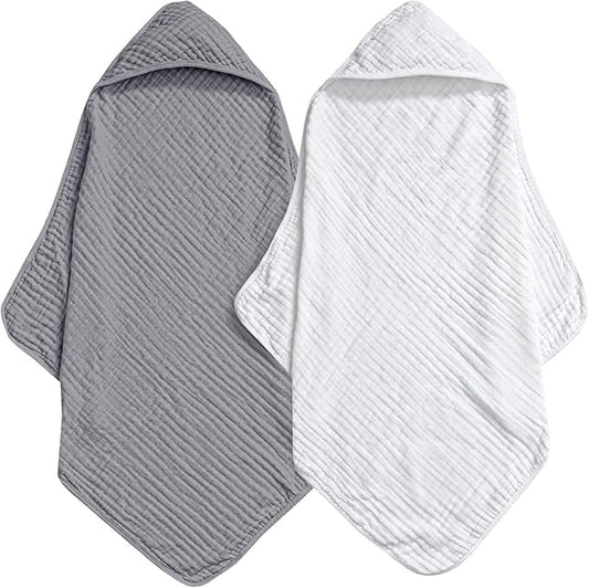 david's kids 2 Pack Hooded Baby Towels, 100% Muslin Cotton 6-Layer Ultra Soft Breathable Absorbent Baby Bath Towels for Infant and Toddler, Newborn Essentials, Large 32x32Inch, White & Grey