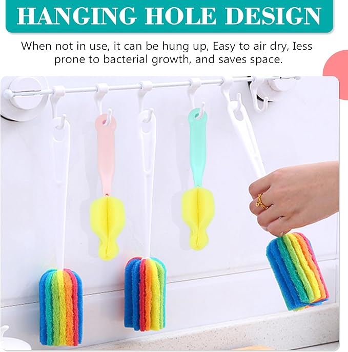 Bottle Brush Cleaner 4PCS Sponge Cleaning Brushes Long Handle Scouring Pad Scrub Brushes for Kitchen Clean Baby Bottle Glasses Mugs Cups (4 Colorful Brush+4 Nipple Brush)