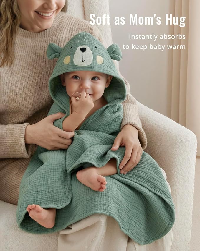 Blissful Diary Muslin Baby Hooded Towel, Soft and Absorbent Bath Towel for Newborn, Infant, Toddler, Unisex, 32″x32″ - Smart Bear