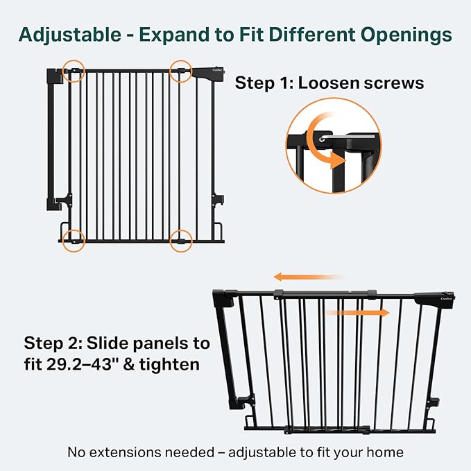 Cumbor 34" Extra Tall No Bottom Bar Baby Gate for Stairs, Wall Mounted Dog Gate Indoor for Larger Pets, Expandable 29.2-43" Safety Gate for Doorways, Wide Walk Thru Door for Easy Access (Black)