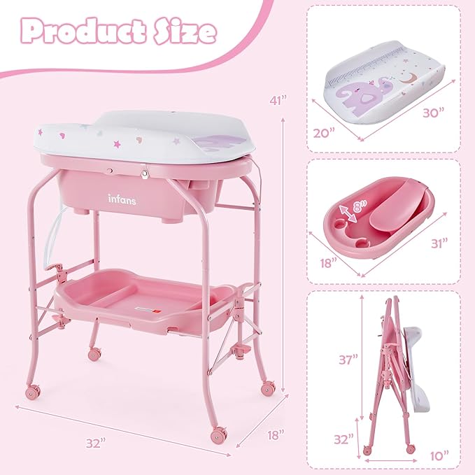 INFANS 2 in 1 Baby Changing Table with Bath Tub Unit, Folding Diaper Dresser Station with Wheels Waterproof Pad Storage Rack, Portable Nursery Organizer Stand for Newborn Infant