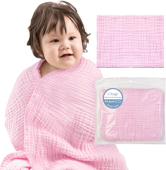 L'Ange Baby Bath Towel - 9 Layers 100% Cotton Muslin, Super Quick Dry, Medical Grade Packaging for Infants and Newborns - 28 x 47in - Pink