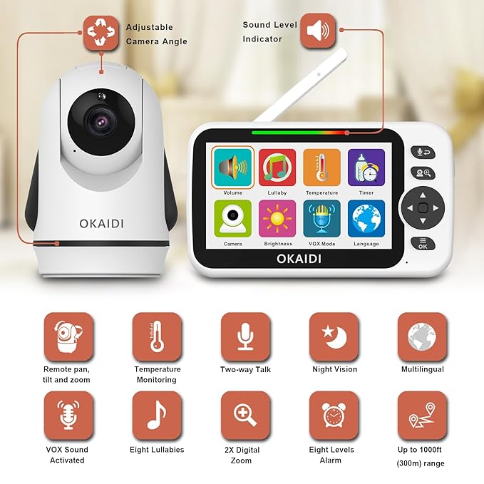 OKAIDI Video Baby Monitor with Camera and Audio, 5" Display Baby Monitor No WiFi, 30H Battery and 1000ft Range, Remote Pan-Tilt-Zoom Baby Camera, Night Vision, 2-Way Talk, ECO, Temperature, Lullaby