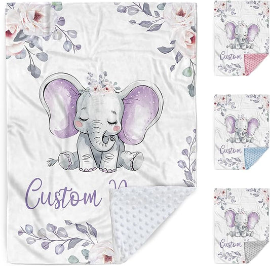 Custom Baby Blanket, Personalized Name Baby Blanket for Boy Girl, Purple Elephant Double Layer Dotted Backing Receiving Swaddle Blankets, Nursery Newborns New Parents Customized Gift(60"x80")