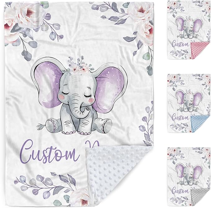 Custom Baby Blanket, Personalized Name Baby Blanket for Boy Girl, Purple Elephant Double Layer Dotted Backing Receiving Swaddle Blankets, Nursery Newborns New Parents Customized Gift(47"x60")