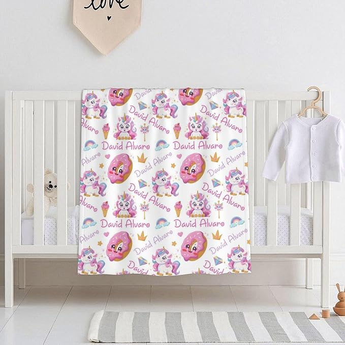 Ship Next Day Personalized Baby Blanket, Printed in USA - Custom Name Toddler Blanket with Rainbow Horse Pattern, Personalized