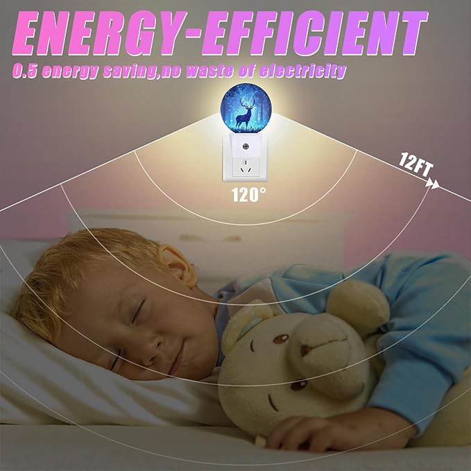 Deer Pine Tree Night Light Foggy Forest Night Lights LED Lamp Round Plug into Wall Nightlight with Dusk to Dawn Sensor Home Hallway Stairway Kitchen Decor