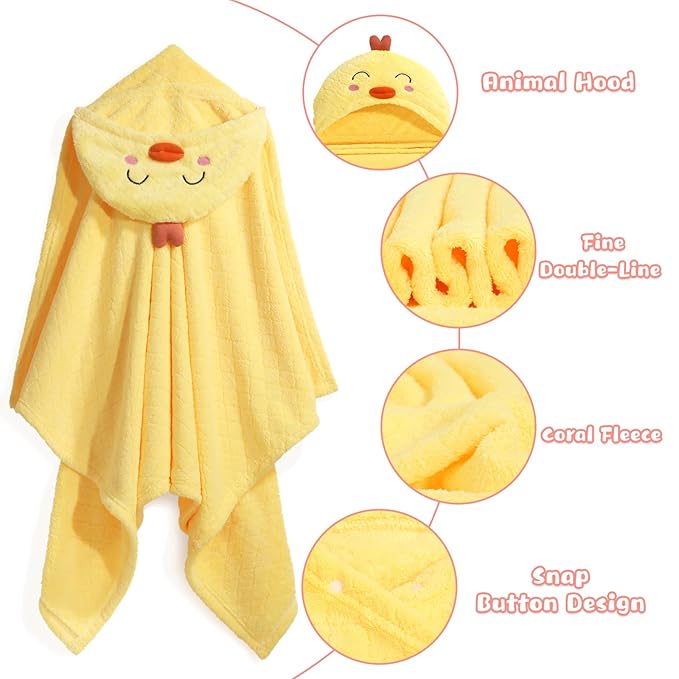 Baby Bath Towels with Hood,2 Pack Animal Hooded Toddler Bath Towel Baby Bath Towels Hooded Kids Towel for Boy Girl Baby Towels with Hood (32 x 50 Inch, L x W),Yellow Chick & Pink Duck