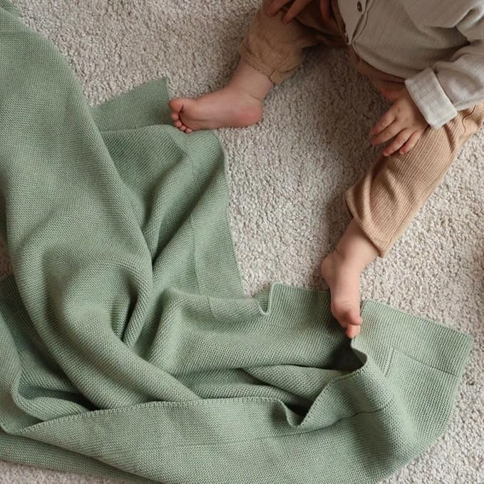 Knitted Organic Cotton Baby Blanket- Swaddle Blanket, 30" x 40" Soft Receiving Blanket for Newborn (Roman Green)
