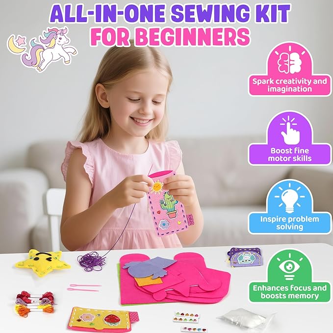 Sewing Kit for Beginner Kids, 10Pcs Unicorn DIY Box Arts and Crafts, My First Felt Kit Projects, Blind Box Craft Supplies, Learn to Sew Embroidery Kit, Birthday Gift for Girls 3 4 5 6 7 8 Years Old