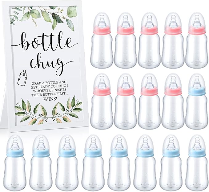 Roowest Bottle Chug Baby Shower Games Sets Including 18 Pcs Feeding Bottles with 1 Bottle Chug Wooden Sign for Gender Reveal Baby Shower Party Supplies(Pink, Blue,Eucalyptus)
