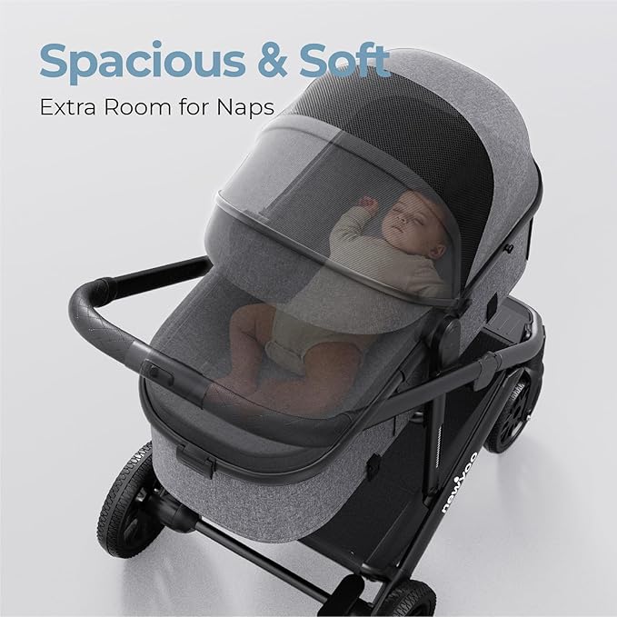 newyoo Bassinet Stroller for Baby, Nestro 516M, Convertible Infant Strollers w Reversible Seat & Cup Holder, 2-in-1 Rear-Facing Pram from Newborn to Toddler, One-Hand Easy Fold, Grey