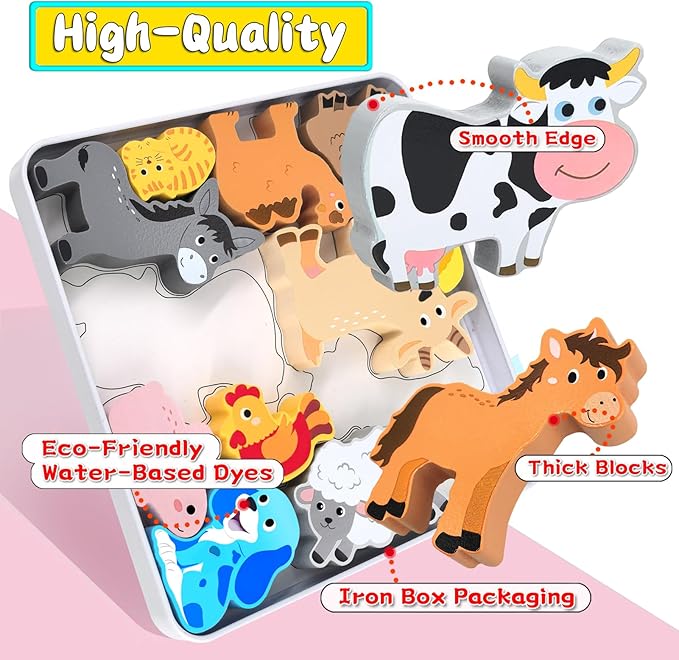 Wooden Animal Puzzles Toys for Toddlers,24 Pcs Farm and Safari Animal Figures,Animal Matching Sorting Stacking Toys for Boys Child Girls,Educational Learning Toys Gift for Kids