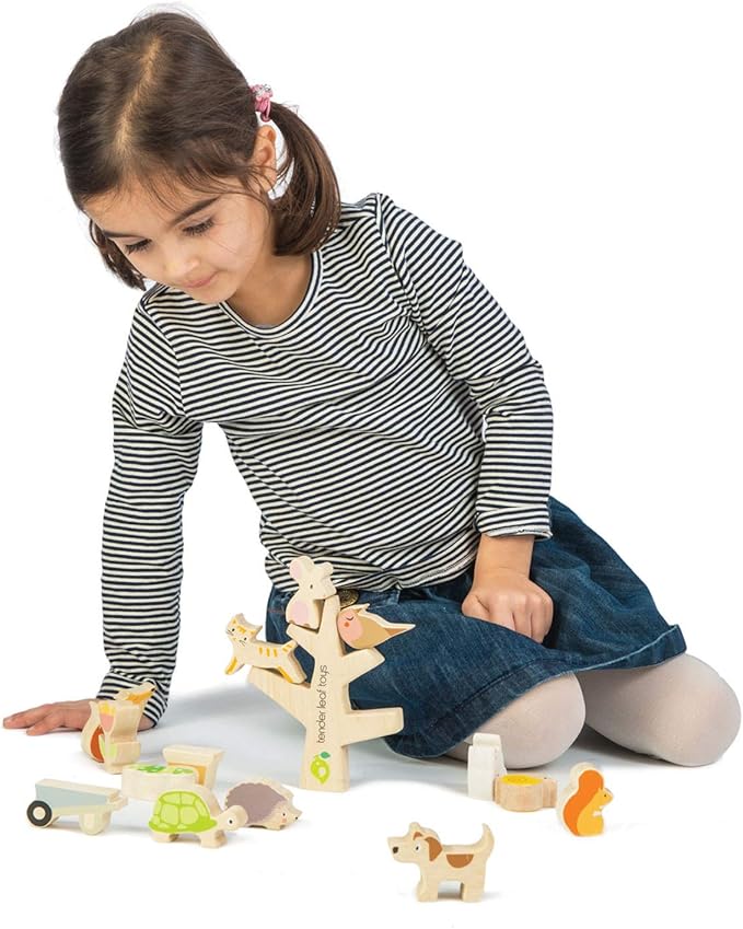 Tender Leaf Toys - Stacking Garden Friends - 14 Pcs Wooden Stacking & Balancing Toy & Educational Game with Free Travel Bag - Early Learning Develops Strategic Thinking & Fine Motor Skills - Age 18m+