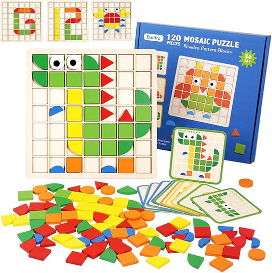 Wooden Mosaic Puzzles 120PCS Pattern Blocks Preschool Learning Activities Educational Toys Shape Matching Game Montessori Toys for Toddlers Kids Boys Girls 3 4 5 Years Old