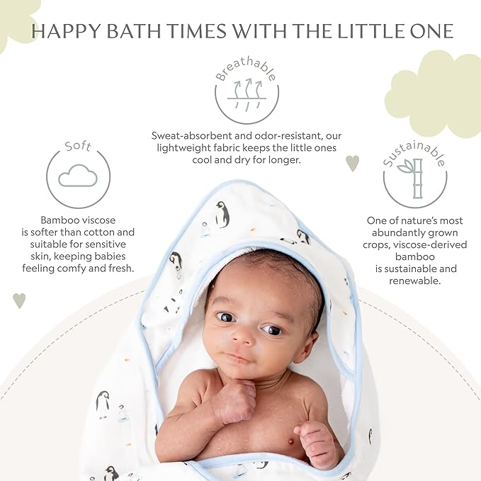 Bamboo Viscose Baby Hooded Towel & Washcloth Set for Babies and Toddlers, Soft & Absorbent, 70% Viscose from Bamboo, 30% Cotton Muslin - Imported (Penguin)