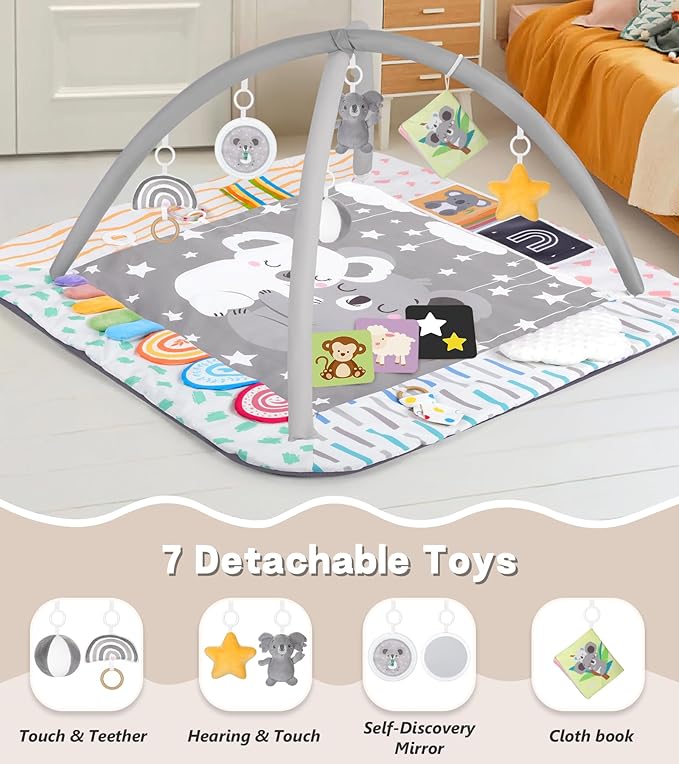 Baby Play Mat Activity Gym with Tummy Time Pillow, 6 Developmental Zones Tummy Time Mat, 6 Detachable Sensory Toys and Educational Cards, Essential Baby Shower Set, Grey Koala