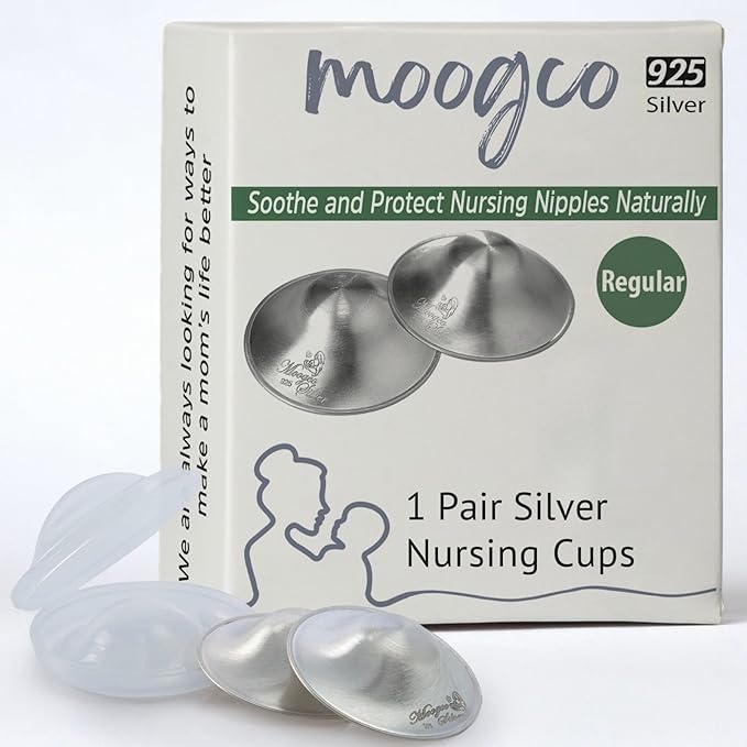 MOOGCO The Original Silver Nursing Cups - Nipple Shields for Breastfeeding Newborn - Silver Nipple Covers for Breastfeeding - Breastfeeding Essentials - 925k Nipple Cups