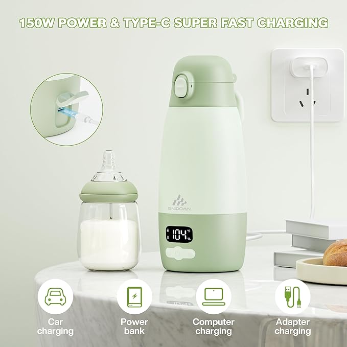 Portable Bottle Warmer for Travel, 2-Min Fast Heating Baby Bottle Warmer for Breastmilk & Formula, 17.8oz Formula Container to Go, Long Battery Life & Temp Control, Portable Milk Warmer On The Go