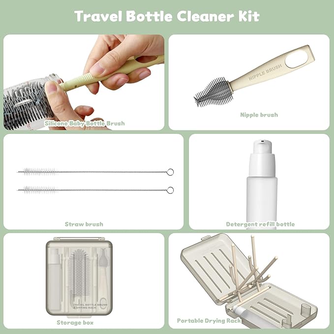 Bottle Brush Set, Portable Bottle Washing Kit,Travel Baby Essentials Silicone Bottle Cleaning Brush with Box, Bottle Cleaning Tool for Home and Travel
