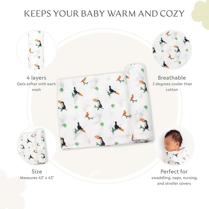 Muslin Baby Swaddle - Breathable Receiving Blankets for Newborn Baby, 70% Viscose derived from Bamboo, 30% Spandex, Imported
