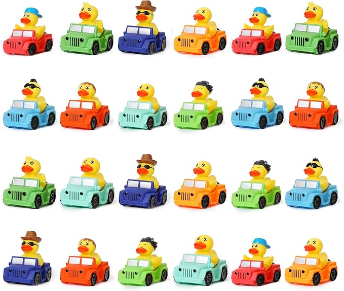 XY-WQ 24 Pack Jeep Rubber Ducks - 3" Bulk Floater Ducks for Kids - Vehicle Shaped - Baby Bath Toy Assortment - Party Favors, Birthdays, Bath Time & More (8 Varieties)