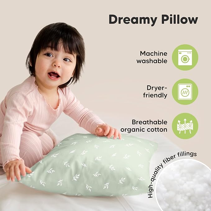 KeaBabies 2-Pack Toddler Pillow 13x18 - Soft Organic Cotton Kids Travel Bed Pillows for Sleeping, School, Nap, Machine Washable, Toddlers 2 to 5, Pillowcase Sold Separately (Herb)