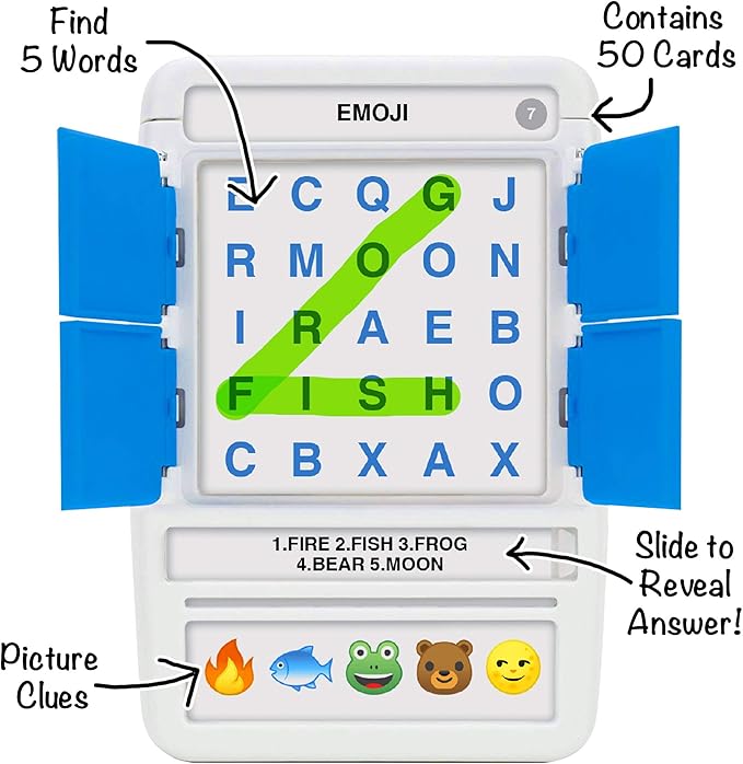 100 PICS Word Search Travel Game - 100 Puzzles with Picture Clues | 50 Wipe Clean Cards with Slide Reveal case and Pen | Activity, Gift, Stocking Stuffer | for Kids and Adults, Age 6+