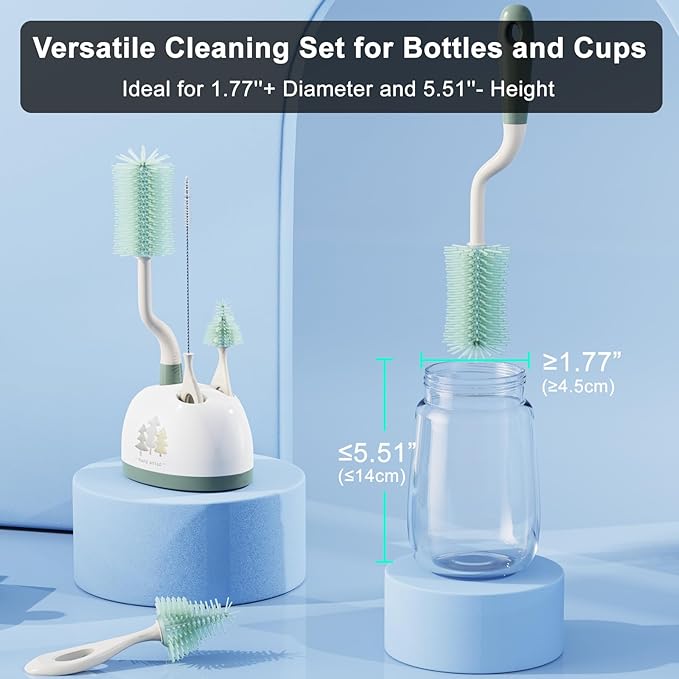 Silicone Bottle Brush Set with Stand, Bottle Cleaning Brush Cleaner Set, Long Handle 3 in 1 Multipurpose Silicone Baby Bottle Straw Cleaner Brush (Sage Green)