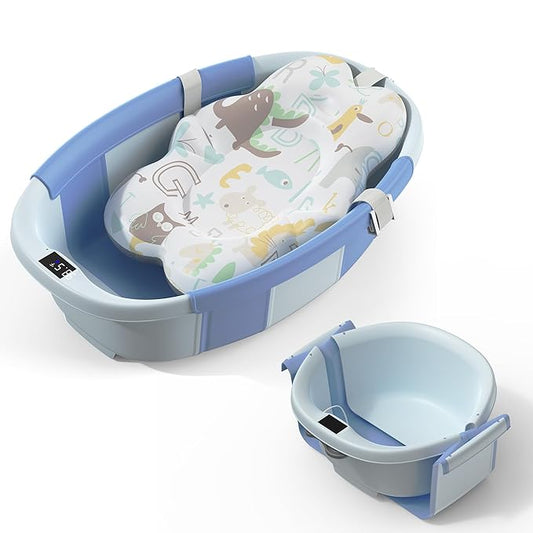 Collapsible Baby Bathtub, 3s to Install, Baby Bath Tub with Soft Cushion & Thermometer, 0-36 Months Newborn Bathtub,Portable Travel Baby Tub, Blue
