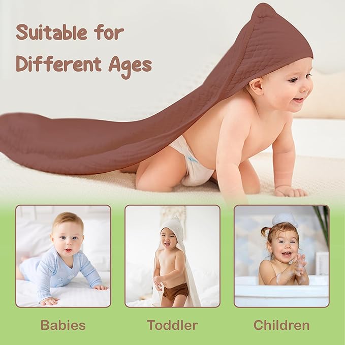 Organic Cotton Muslin Baby Hooded Towels - 32x32 Inch, 2 Pack Newborn Bath Towels for Boys & Girls, Soft & Absorbent Bath Set (Rust/Ivory)