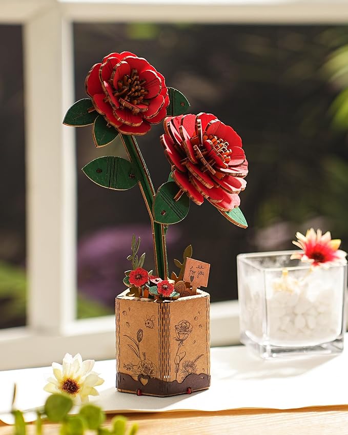 3D Flower Wooden Puzzles for Adults-Red Camellia, DIY Wooden Flowers Model Kit Building Set Crafts for Adults to Build, Botanical Collection/Ideal Creative Gift Ideas/Housewarming (113PCS)
