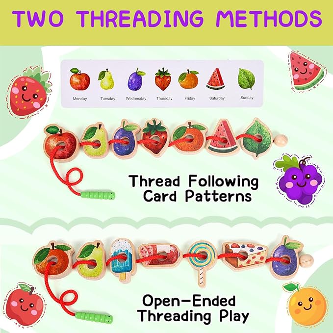 2025 New Upgrade Wooden Greedy Caterpillar Rope Toy,Greedy Caterpillar Lacing Toy,Threading Toys,2.5 in Fruit & Vegetable Caterpillar Lacing Bead String Game for 3+ Year Old