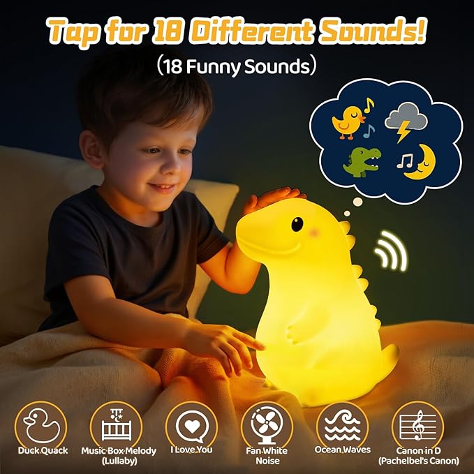 Mewaii Big Dinosaur Night Light for Kids, 7.8 in & 18 Funny Sounds Squishy Silicone Dinosaur Lamp with 3-Level Brightness, Rechargeable LED Cute Dino Nightlight for Boys Baby Nursery Gift&Room Decor