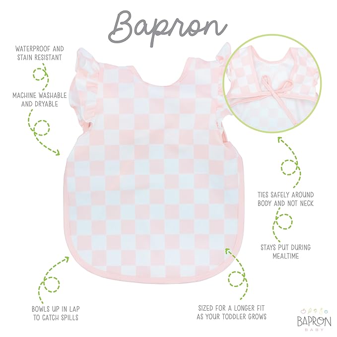 BapronBaby Pink Flutter Checkerboard Bapron - No Neck Tie Safer Bib for Baby & Toddler - Soft Waterproof Stain Resistant - Machine Washable - Sz Preschool 3-5yrs