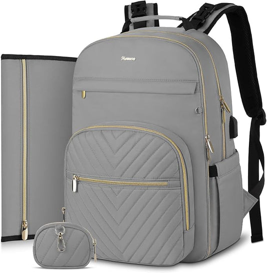 MOMUVO Diaper Bag Backpack, Quilted Baby Bag with Changing Pad and Stroller Straps and Pacifier Case, Large Travel Diaper Bags for Mom Dad, Grey