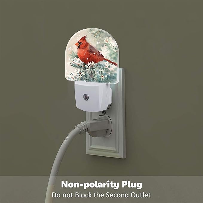 Winter Cardinal Pine Tree Night Light, Christmas Snow Red Cardinal Dusk to Dawn Night Light Plug in,0.5w Energy Saving Sleep Friendly NightLight for Kids Boys Girls Home Decor