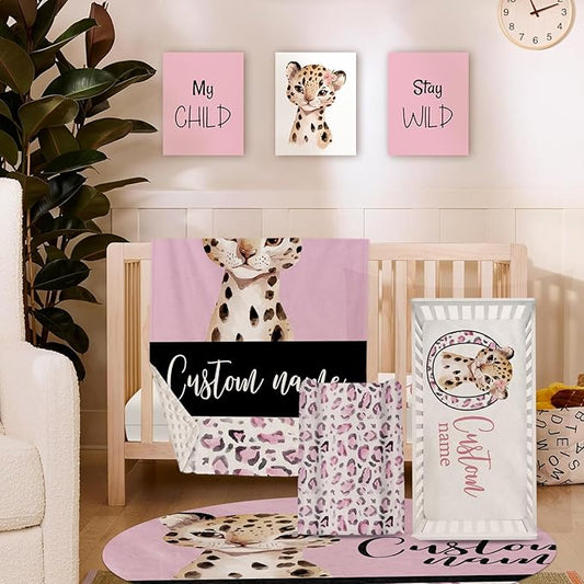 Personalized Nursery Crib Bedding Set: Custom Name Pink 5 Piece Baby Crib Sets with Leopard Design - Toddler Double Layer Blanket Set, Comfortable Crib Bed Sheets for Baby Grils