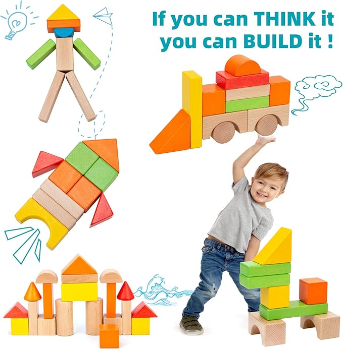 Wooden Building Blocks Set - Stacker Stacking Preschool Learning Educational Toys with Carrying Bag, Toddler Toys for 3+ Year Old Boy and Girl Gifts (80 Pcs)