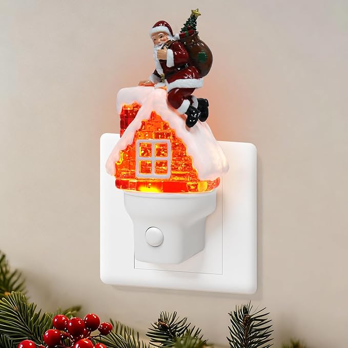Christmas Santa Night Light Plug into Wall Glitter Water Nightlight with USB/Outlet Options, Christmas Decorative Nightlight for Bedroom Kitchen Nursery Hallway Holiday Decorations Gifts (Santa)